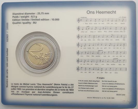 Λουξεμβούργο - 2 Ευρώ 2013, Henri I National Anthem, (Coin Card)