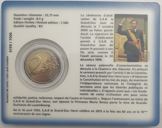 Λουξεμβούργο - 2 Ευρώ 2015, Henri I Accession, (Coin Card)