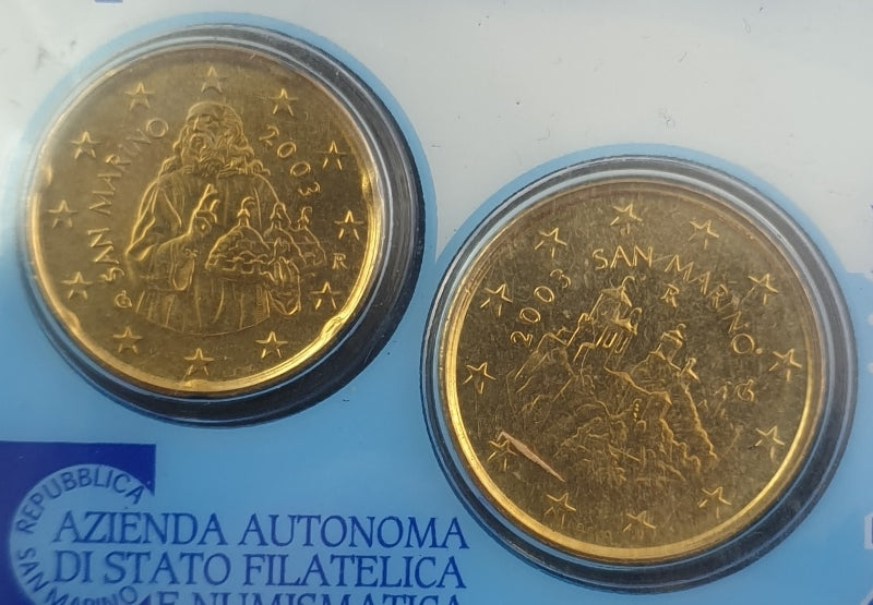 Άγιος Μαρίνος - 50 Λεπτά + 20 Λεπτά 2003, Οι τρεις πύργοι: Λα Γκουαϊτά, Λα Τσέστα και Ιλ Μοντάλε, (Coin Card)