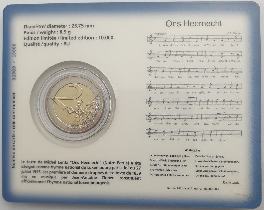 Λουξεμβούργο - 2 Ευρώ 2013, Henri I National Anthem, (Coin Card)