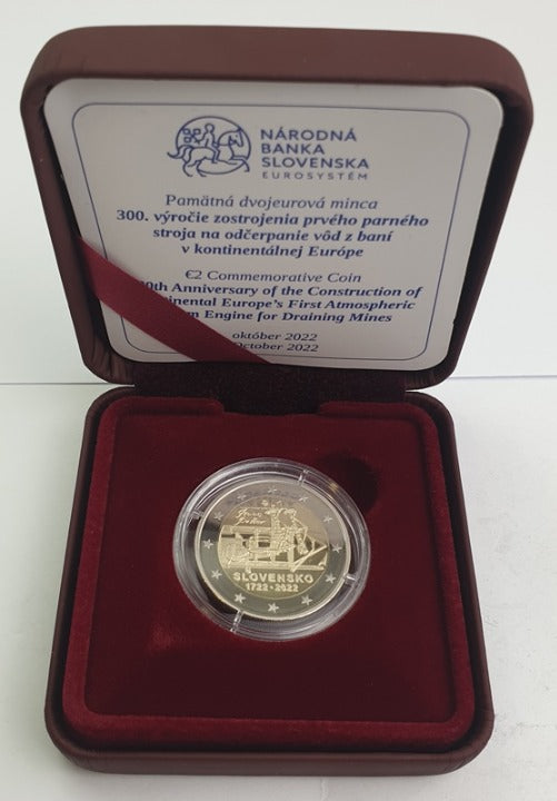 Σλοβακία - 2 Ευρώ 2022, 300η Επέτειος από την κατασκευή της πρώτης ατμοσφαιρικής ατμομηχανής, PROOF