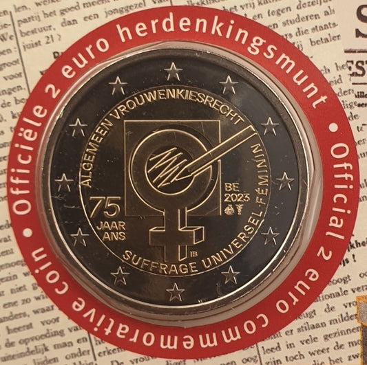 Βέλγιο - 2 Ευρώ 2023, 75 Χρόνια γυναικείας ψηφοφορίας - Ολλανδική Γραφή, (Coin Card)