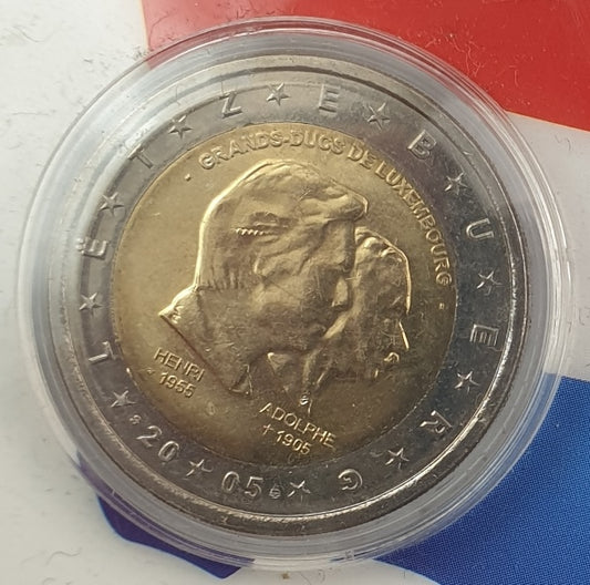 Λουξεμβούργο - 2 Ευρώ 2005, 50η Επέτειος Γέννησης του Henri και 100η Επέτειος Θάνατος του Adolphe, (Coin Card)