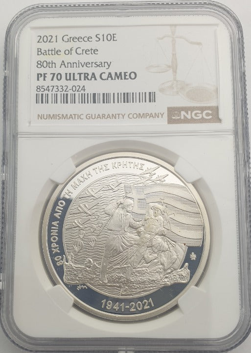 Ελλάδα - 10 Ευρώ 2021 (PF 70 ULTRA CAMEO), 80 Χρόνια από τη Μάχη της Κρήτης, Ασημένιο PROOF