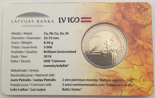 Λετoνία - 2 Ευρώ 2018, 100η επέτειος των χωρών της Βαλτικής, (Coin Card)